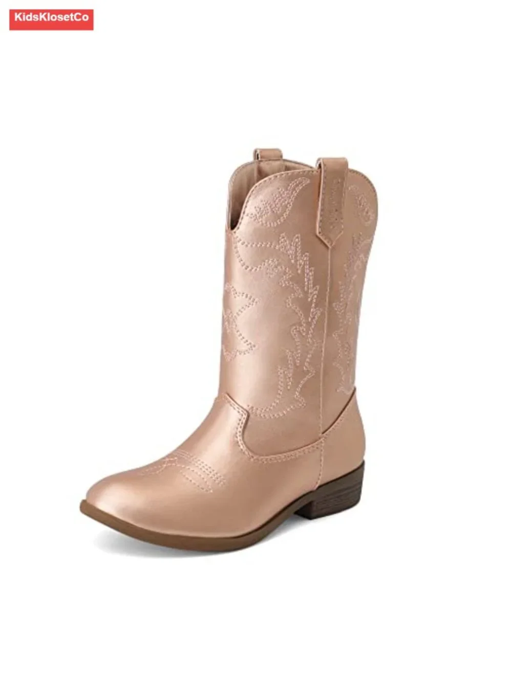 Girls Cowboy Western Boots Mid Calf Faux Leather Embroidered Pull On